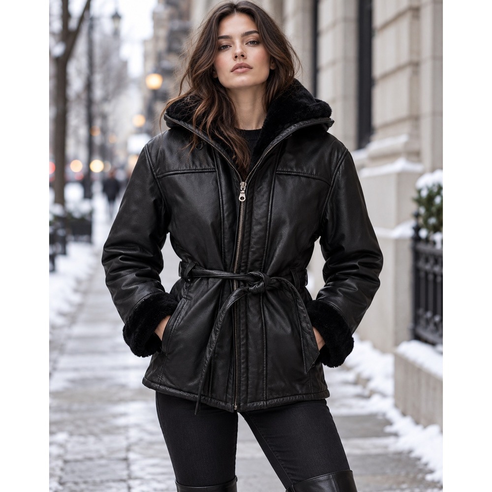 Black Leather Hooded Parka Jacket Faux Fur Lined Belted Winter Coat  Size S